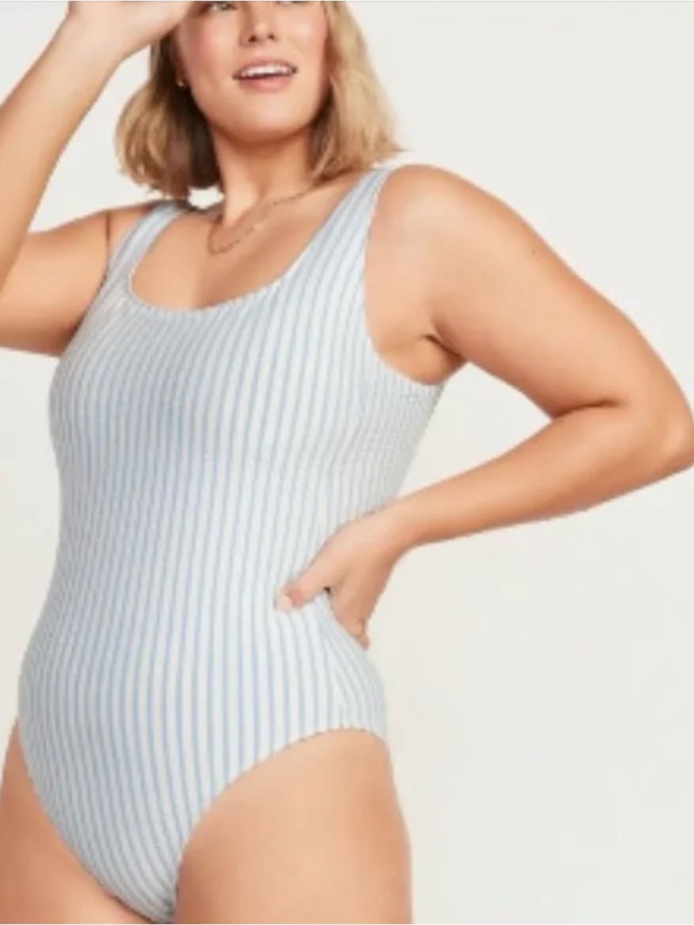 Striped One-Piece Swimsuit in Light Blue and White 4X